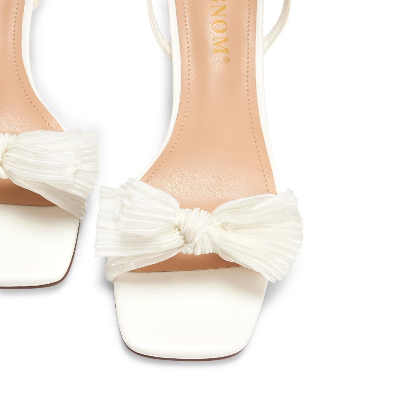 ISNOM White Heels for Women Bow Heels Ankle Buckle Strap Open Toe Block Chunky Heel Bride Wedding Party Fashion Bow Knot Heeled Sandals (White Size8) - Image 2