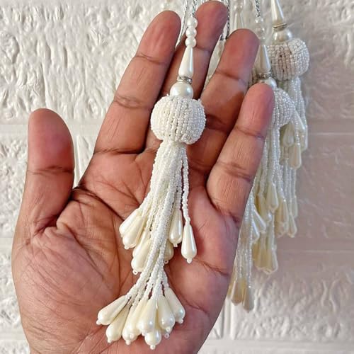 ADIKALA Silk Craft Store Handmade Ethnic Cutdana Latkan Tassel Set of 2 for Saree Pallu, Blouse, Suits, Dupatta, Lehenga Decor, DIY Art & Crafts (White) - Image 3