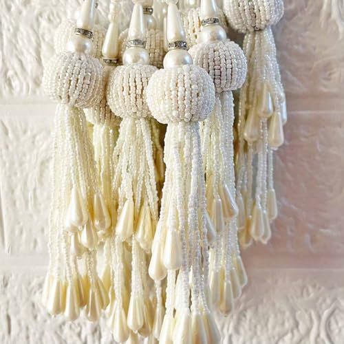 ADIKALA Silk Craft Store Handmade Ethnic Cutdana Latkan Tassel Set of 2 for Saree Pallu, Blouse, Suits, Dupatta, Lehenga Decor, DIY Art & Crafts (White) - Image 4