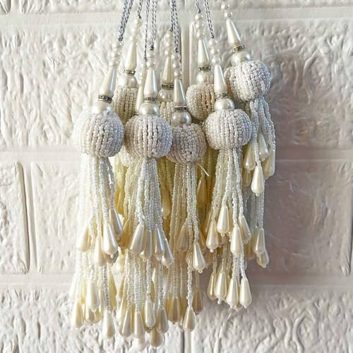 ADIKALA Silk Craft Store Handmade Ethnic Cutdana Latkan Tassel Set of 2 for Saree Pallu, Blouse, Suits, Dupatta, Lehenga Decor, DIY Art & Crafts (White) - Image 5