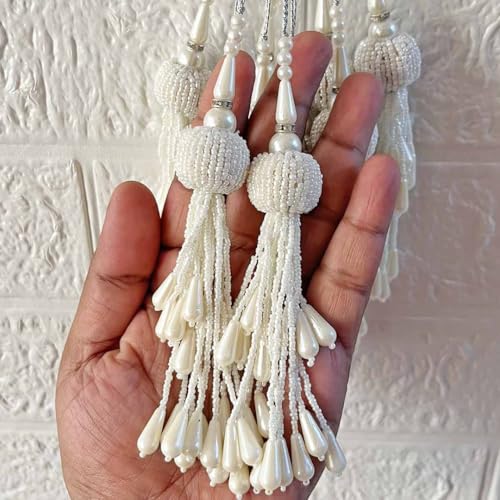 ADIKALA Silk Craft Store Handmade Ethnic Cutdana Latkan Tassel Set of 2 for Saree Pallu, Blouse, Suits, Dupatta, Lehenga Decor, DIY Art & Crafts (White) - Image 1