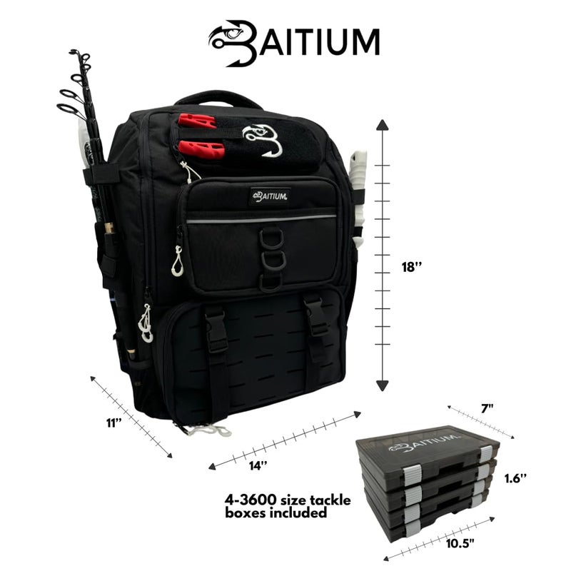 Baitium Fishing Backpack, Tackle Bag With Rod Holders, 40L Capacity With Cooler, Rain Cover, Insulated Pocket, 4 Tackle Trays Included (Jet Black) - Image 5