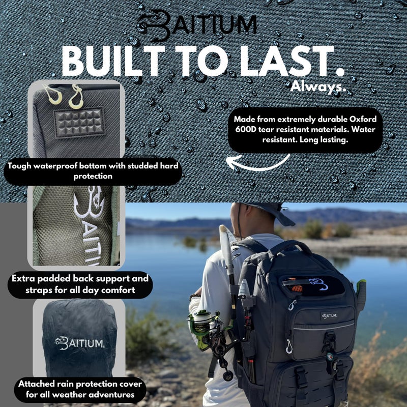 Baitium Fishing Backpack, Tackle Bag With Rod Holders, 40L Capacity With Cooler, Rain Cover, Insulated Pocket, 4 Tackle Trays Included (Jet Black) - Image 3