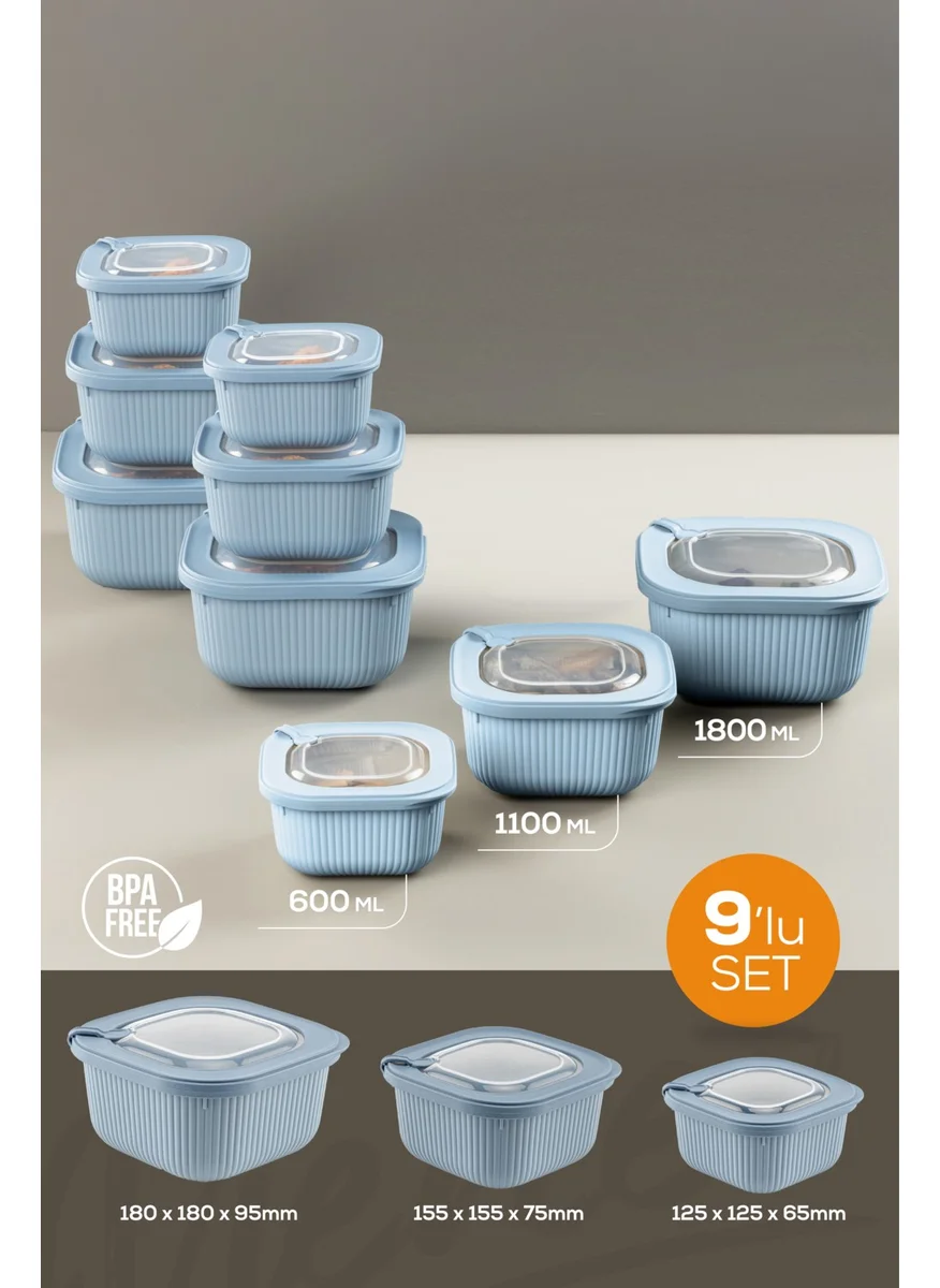 Vienev 9lu 3X(600-1100-1800 Ml) Microwave and Freezer Suitable VIP Covered Special Storage Container Set Blue