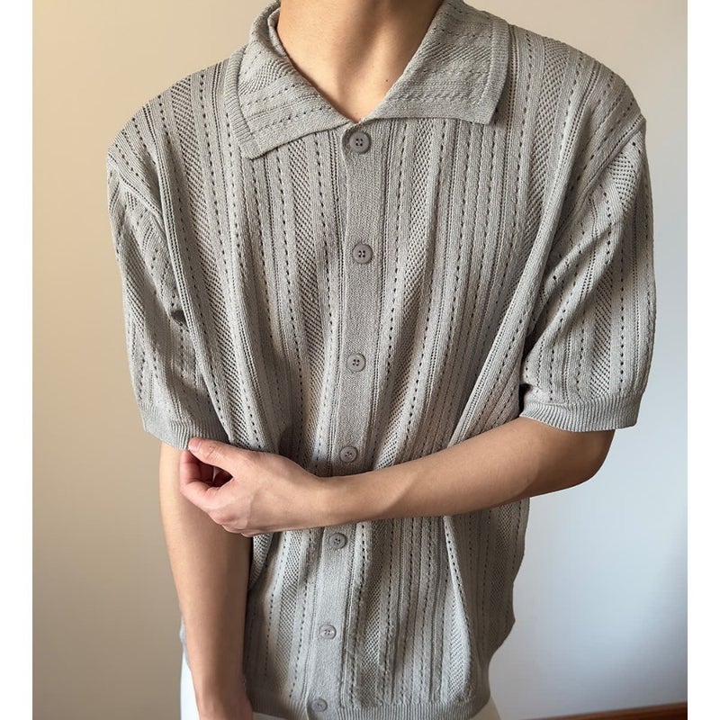 Mens Lace Trim Knit Cardigan Open Front Short Sleeve Retro Hollow Out Shirt - Image 4