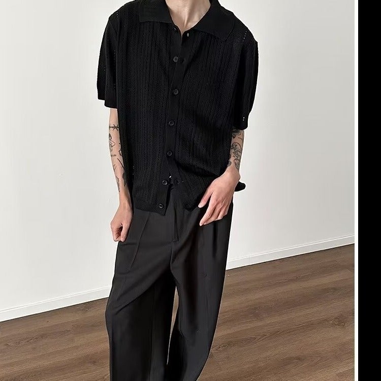 Mens Lace Trim Knit Cardigan Open Front Short Sleeve Retro Hollow Out Shirt - Image 2