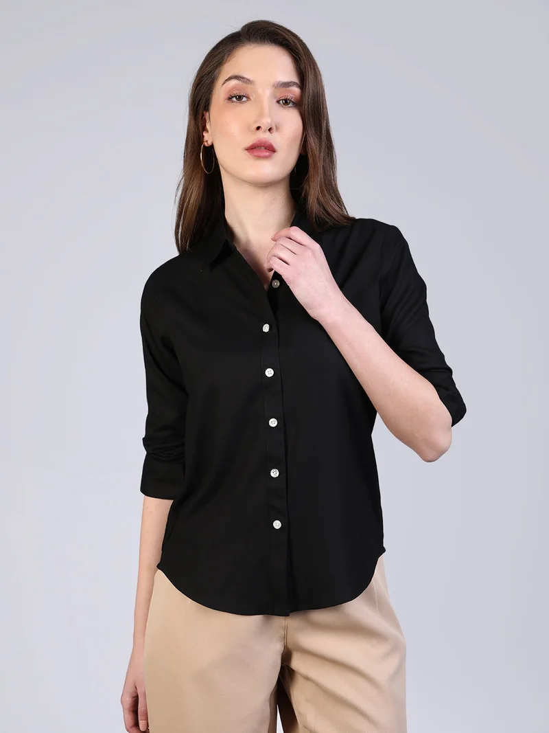 Urbano Fashion  Urbano Fashion Women's Black Modal Viscose Full Sleeve Regular Fit Casual Solid Shirt with Regular Collar for Women | Best Price UAE
