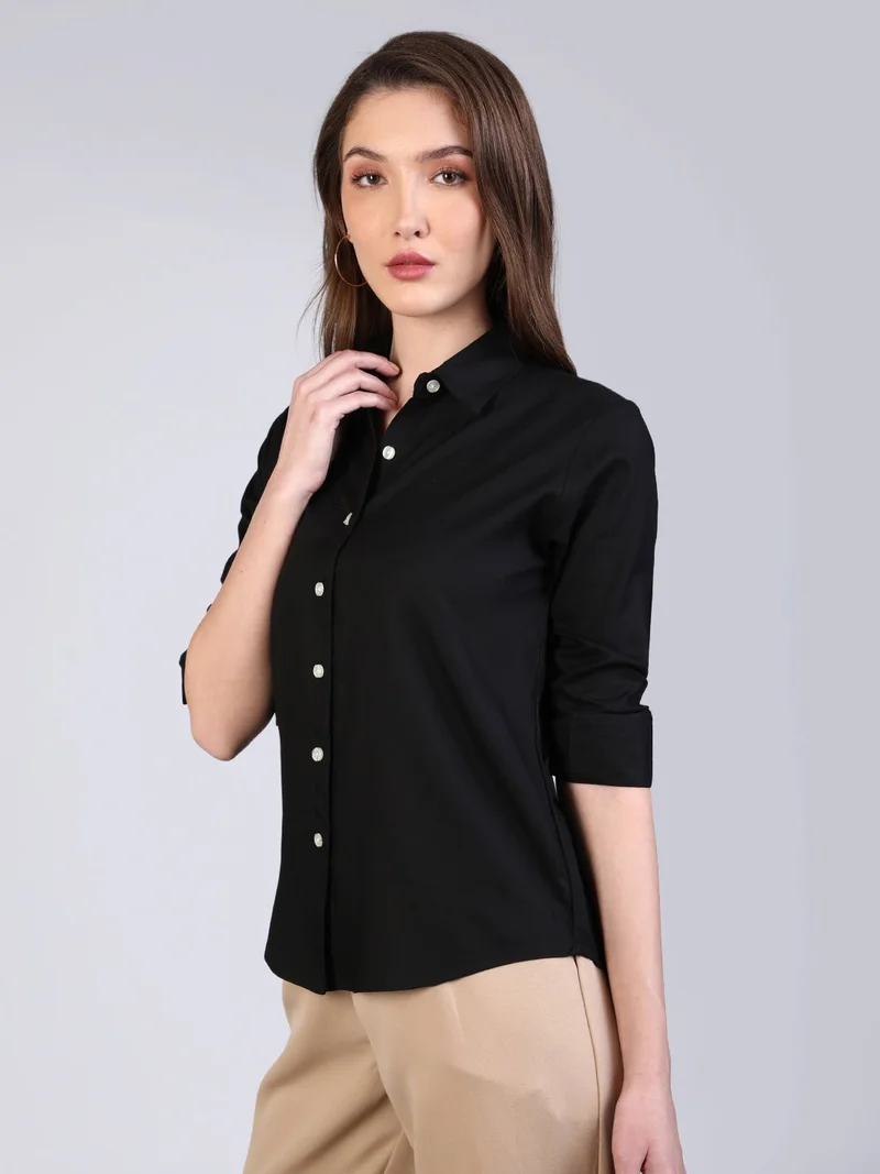 Urbano Fashion Women's Black Modal Viscose Full Sleeve Regular Fit Casual Solid Shirt with Regular Collar