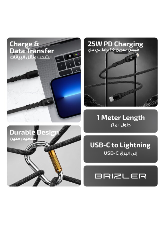بريزلر كابل USB-C إلى Lightning، شحن سريع بتقنية PD بقدرة 25 واط ونقل بيانات، مزامنة بتيار 3 أمبير، تصميم متين، طول 1 متر - أسود - Image 2