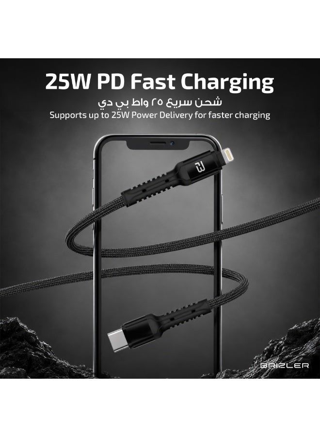 بريزلر كابل USB-C إلى Lightning، شحن سريع بتقنية PD بقدرة 25 واط ونقل بيانات، مزامنة بتيار 3 أمبير، تصميم متين، طول 1 متر - أسود - Image 3