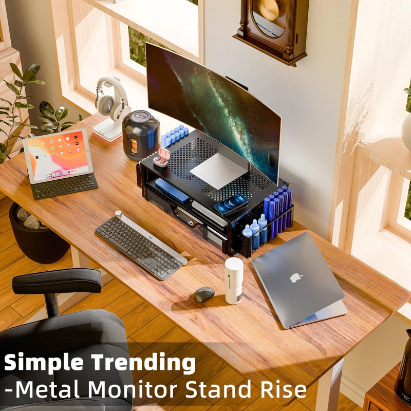 Simple Trending 2 Tier Metal Monitor Stand Monitor riser and Computer Desk Organizer with Drawer and Pen Holder for Laptop, Computer, iMac, Black - Image 2