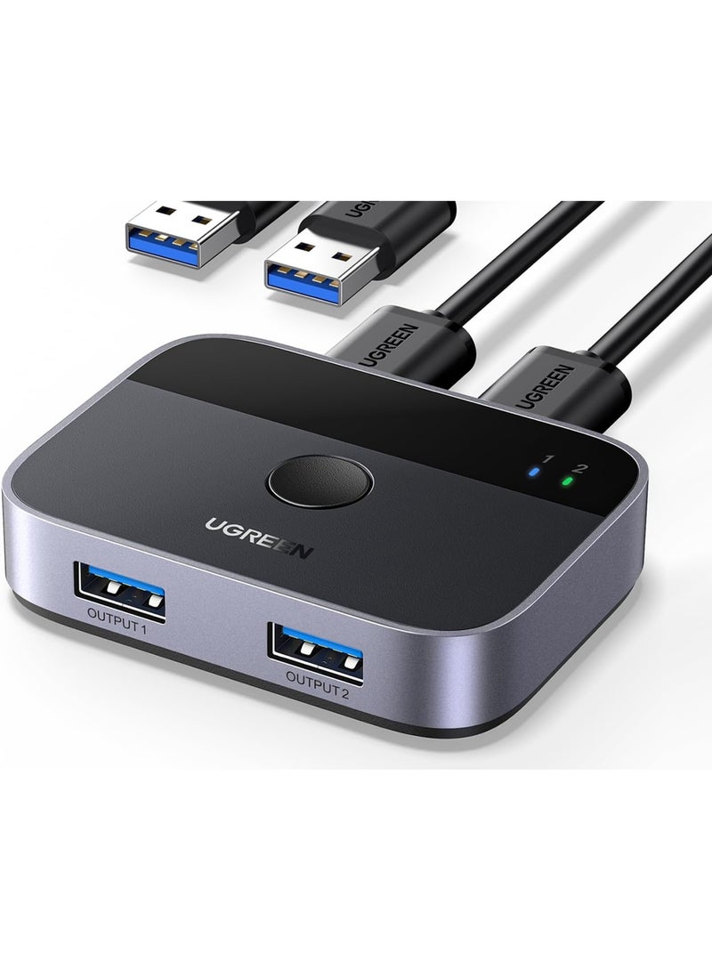 Ugreen USB 3.0 KVM Switch (2 PCs, 2 USB Ports) – 5Gbps High-Speed Data Transfer, Aluminum Dual Input/Output Hub for Keyboard, Mouse, Printer, External Drive & More, Includes 2 USB-A 3.0 Cables - Image 1