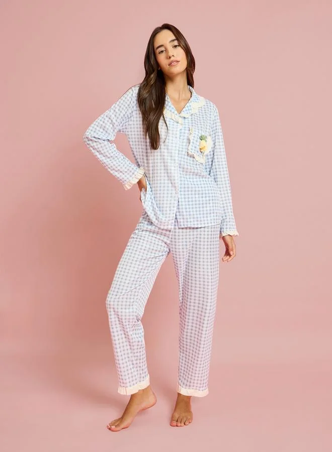 ستايلي Blue Checked Lace Trim Shirt and Pyjama Set