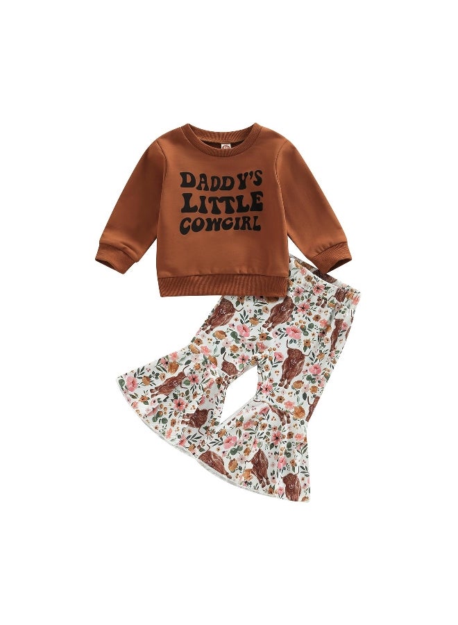 Toddler Baby Girl Western Outfit Letter Print Sweatshirt Top Cow Printed Flare Pants Set 2PCS Fall Winter Outfits