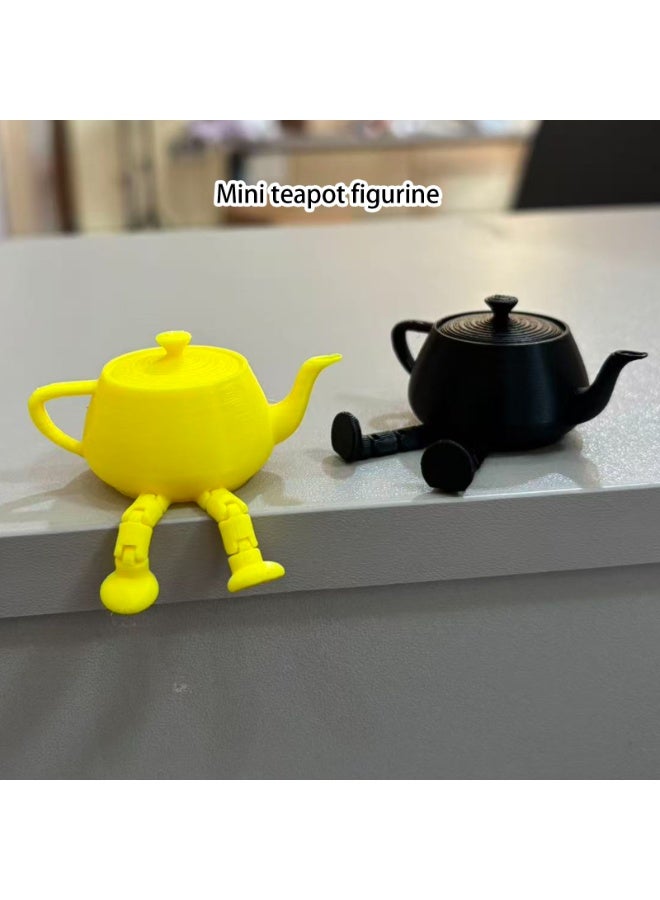 2pcs Whimsical Mini Teapot Figurine with Articulated Legs, 3D Printed PLA Shelf Sitter Ornament, Yellow & Black - Image 2