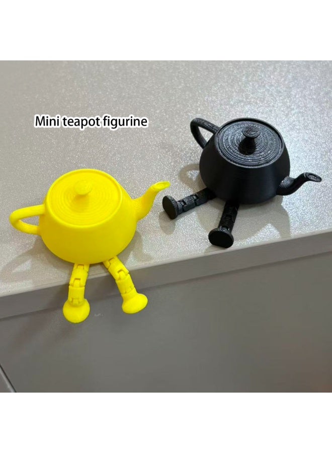 2pcs Whimsical Mini Teapot Figurine with Articulated Legs, 3D Printed PLA Shelf Sitter Ornament, Yellow & Black - Image 1
