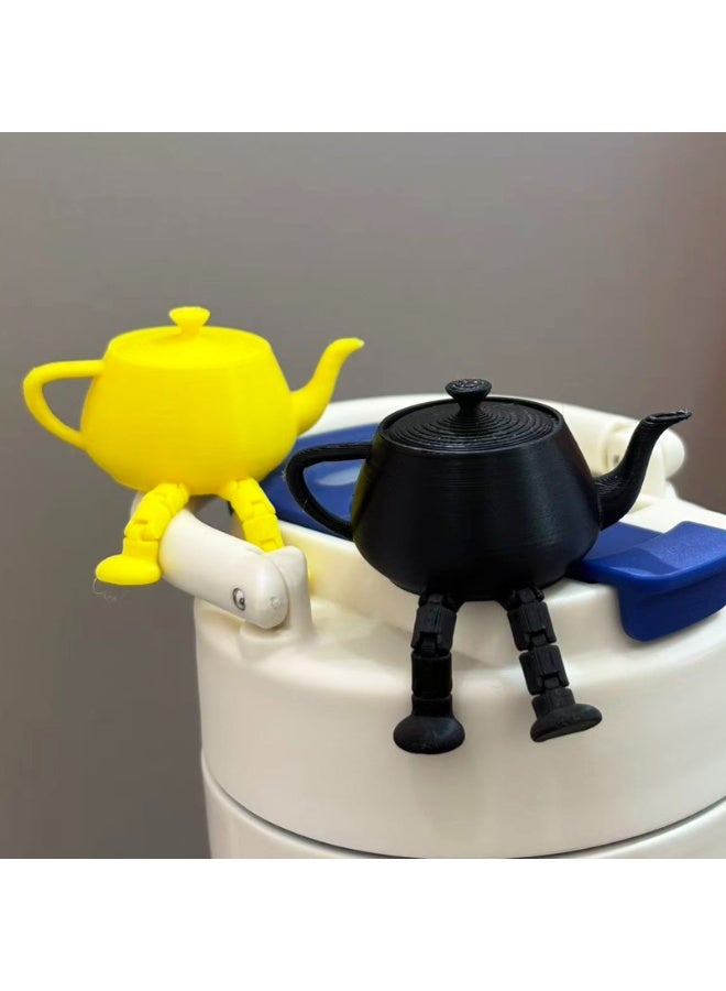 2pcs Whimsical Mini Teapot Figurine with Articulated Legs, 3D Printed PLA Shelf Sitter Ornament, Yellow & Black - Image 3