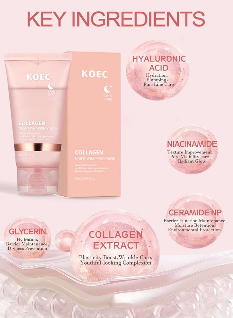 KOEC Deep Collagen Night Wrapping Mask for Overnight Sleeping Maintain Skin Elasticity & Hydration Care, Reduces Sagging & Dullness - Hydrolyzed Collagen For Glowing Skin,75ml with Applicator - Image 4