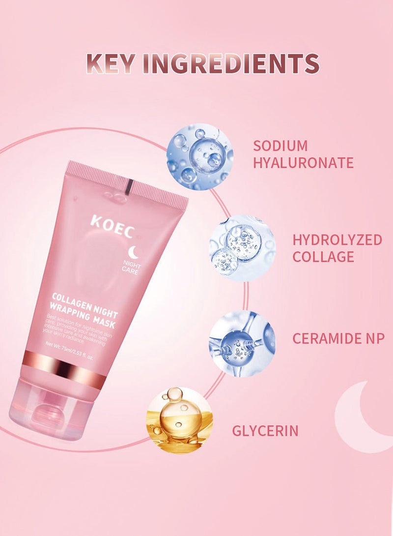 KOEC Deep Collagen Night Wrapping Mask for Overnight Sleeping Maintain Skin Elasticity & Hydration Care, Reduces Sagging & Dullness - Hydrolyzed Collagen For Glowing Skin,75ml with Applicator - Image 2