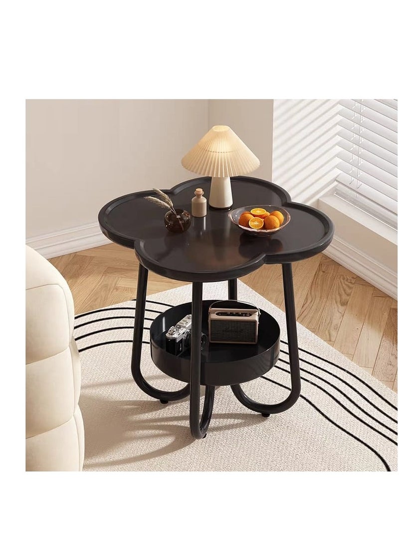 بيج طاولة جانبية عصرية على شكل زهرة البرسيم مع رف تخزين - طاولة أنيقة متعددة الاستخدامات لغرفة المعيشة أو غرفة النوم أو المكتب - Image 1