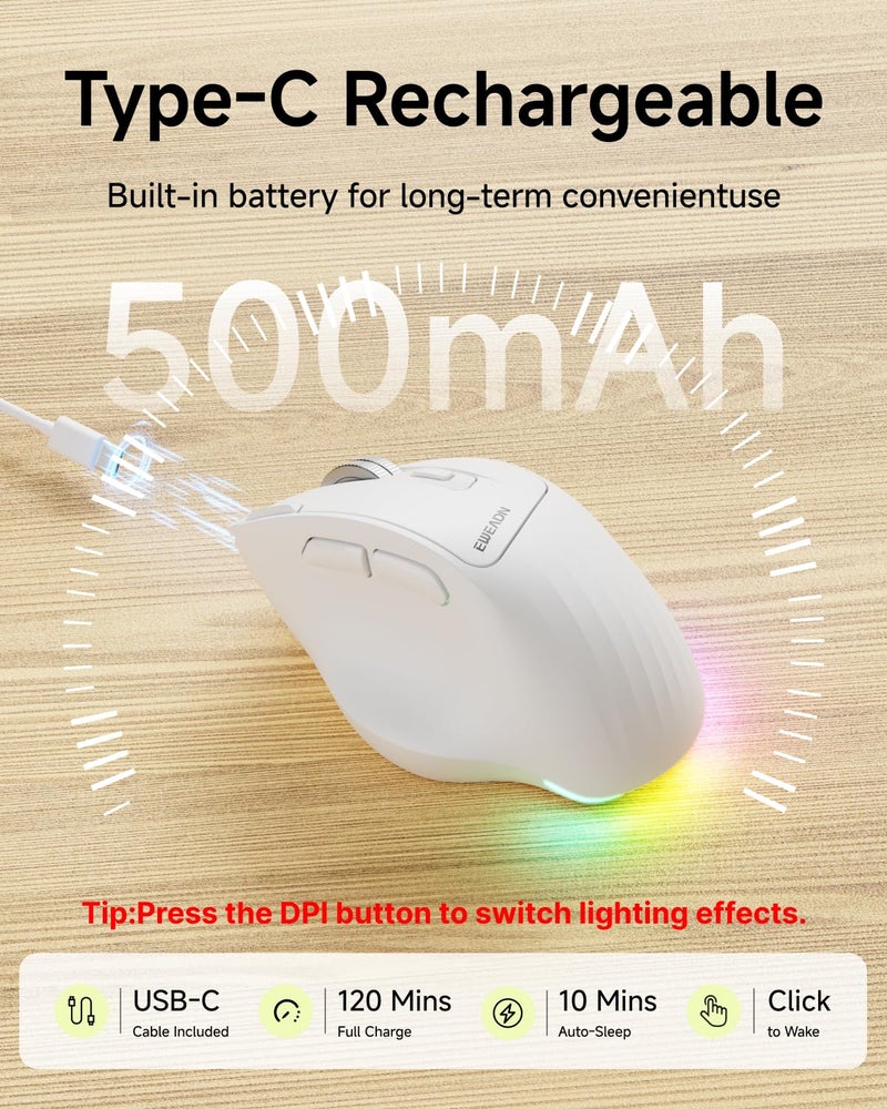 EWEADN C2 Ergonomic Wireless Mouse, RGB Rechargeable Ergonomic Bluetooth Mouses, 2.4G with 4000 DPI Optical Tracking, 5 Adjustable DPI, Quiet Clicks Computer Mouse for Laptop, PC, Desktop - White - Image 4