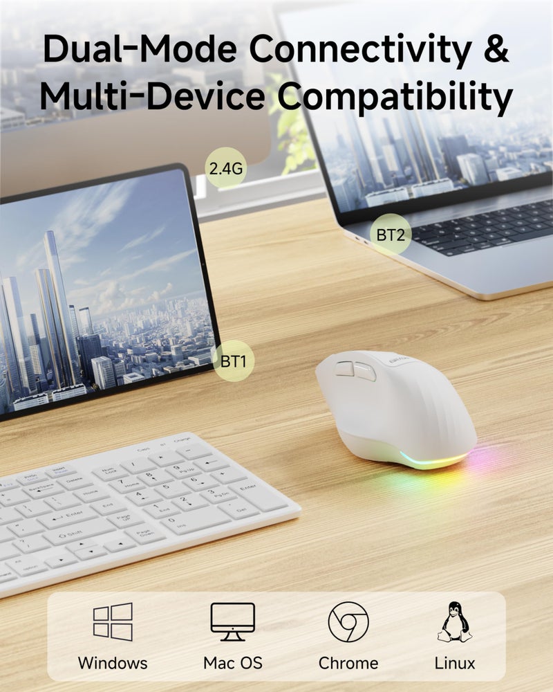 EWEADN C2 Ergonomic Wireless Mouse, RGB Rechargeable Ergonomic Bluetooth Mouses, 2.4G with 4000 DPI Optical Tracking, 5 Adjustable DPI, Quiet Clicks Computer Mouse for Laptop, PC, Desktop - White - Image 3