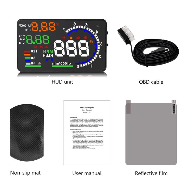 شاشة عرض المقدمة (HUD): شاشة ملونة LED مضيئة بحجم 5.5 بوصة، توصيل واستخدام سريع، تركيب غير مدمّر - 4 أوضاع عرض، وظيفات إنذار متعددة، شاشة عرض المقدمة لكشف الأعطال لسيارات OBD2 EUOBD الصناعة بعد عام 2008 لضمان السلامة - Image 4