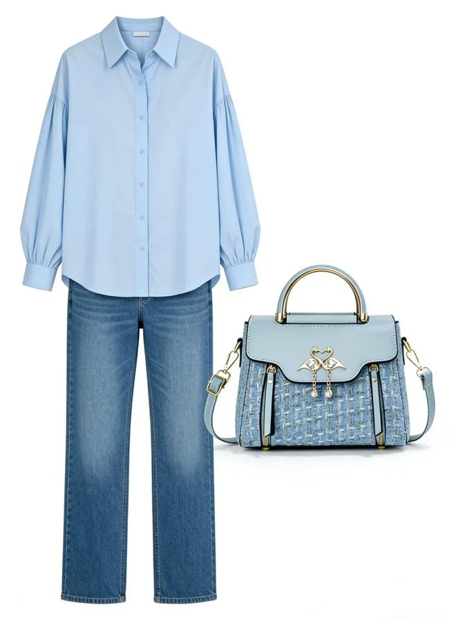 تايك تو Blue Tweed Look Handbag with Swan Detail