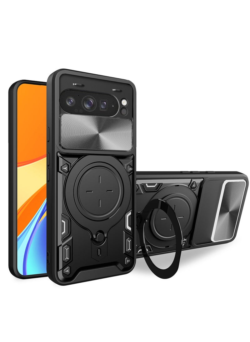 for Google Pixel 9 Pro XL Case, Slide Camera Lens Cover, Magnetic Ring Holder Kickstand Protective Phone Case for Google Pixel 9 Pro XL, Black - Image 1