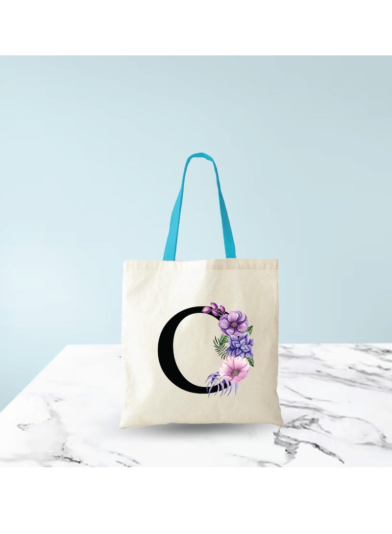 برينت شوب فور مي حقيبة حمل قطنية من القماش بأحرف أولية بمقبض أزرق-هدايا مثالية لوصيفات العروس-حقيبة الحفلات-حقائب قابلة لإعادة الاستخدام - Image 5