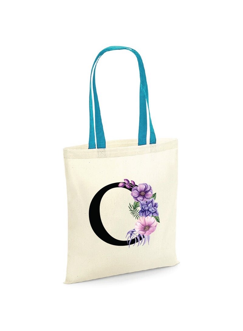 برينت شوب فور مي حقيبة حمل قطنية من القماش بأحرف أولية بمقبض أزرق-هدايا مثالية لوصيفات العروس-حقيبة الحفلات-حقائب قابلة لإعادة الاستخدام - Image 1