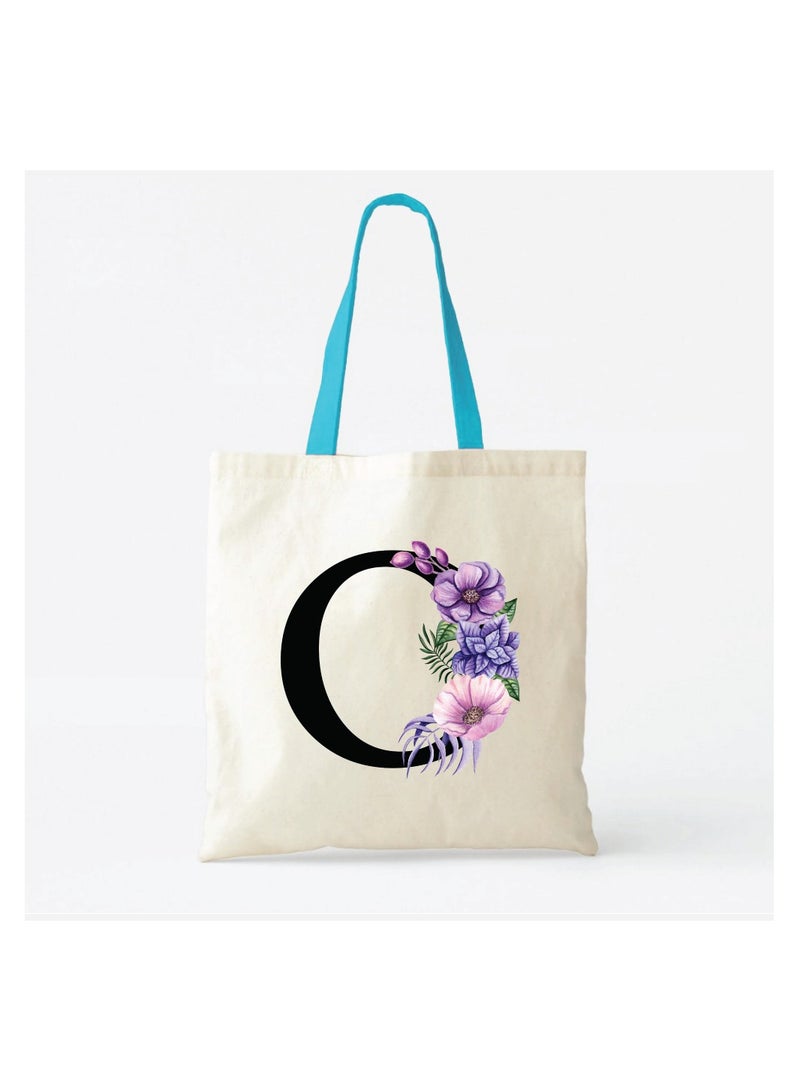 برينت شوب فور مي حقيبة حمل قطنية من القماش بأحرف أولية بمقبض أزرق-هدايا مثالية لوصيفات العروس-حقيبة الحفلات-حقائب قابلة لإعادة الاستخدام - Image 2