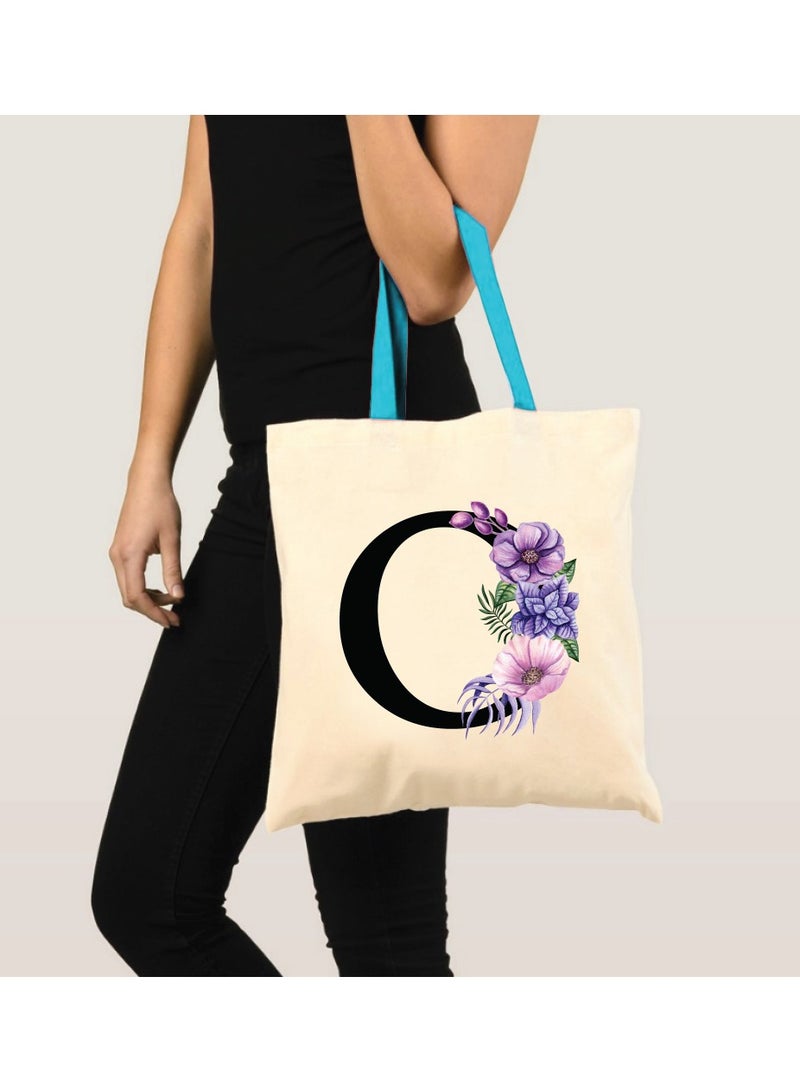 برينت شوب فور مي حقيبة حمل قطنية من القماش بأحرف أولية بمقبض أزرق-هدايا مثالية لوصيفات العروس-حقيبة الحفلات-حقائب قابلة لإعادة الاستخدام - Image 3