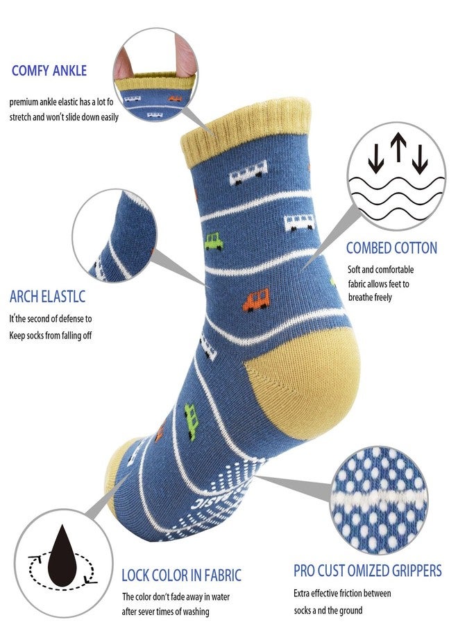 GRPSKCOS Toddler Non Slip Socks- 12 Pairs Anti Skid Toddler Socks Cute Crew Grips Socks for Boys Girls Children(#1 Car Style, 3-5T) - Image 2