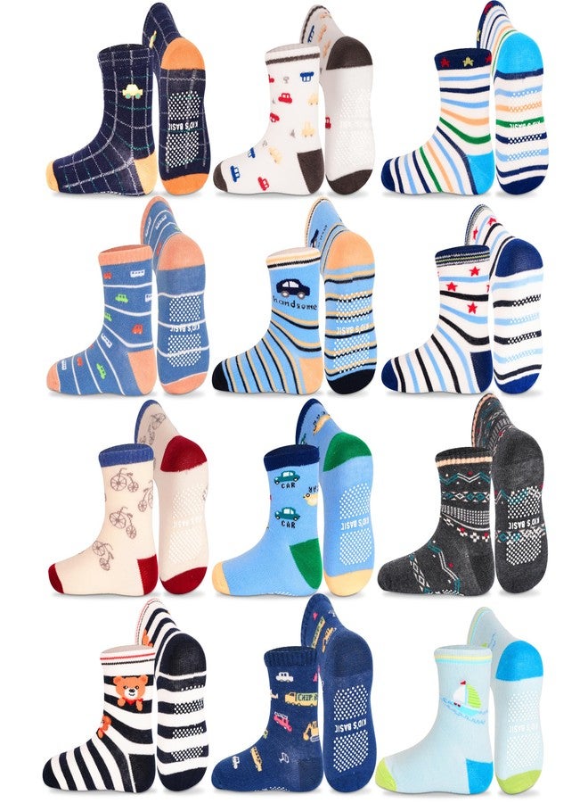 GRPSKCOS Toddler Non Slip Socks- 12 Pairs Anti Skid Toddler Socks Cute Crew Grips Socks for Boys Girls Children(#1 Car Style, 3-5T) - Image 1