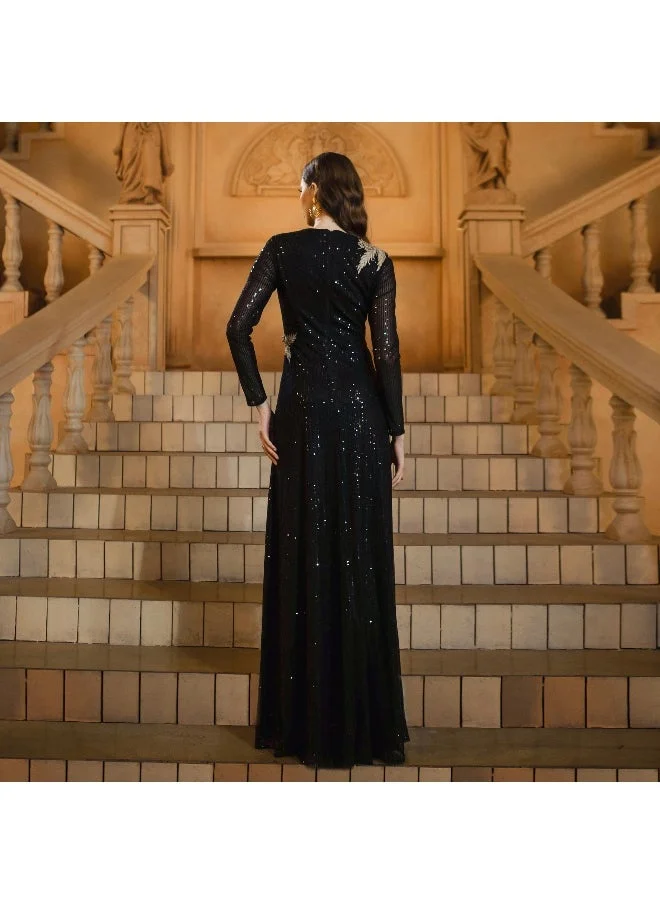 Madam Uniq European and American Women's New Elegant Sequin-Embellished Long Sleeve Bodycon Evening Dress with High Slit and Round Neck