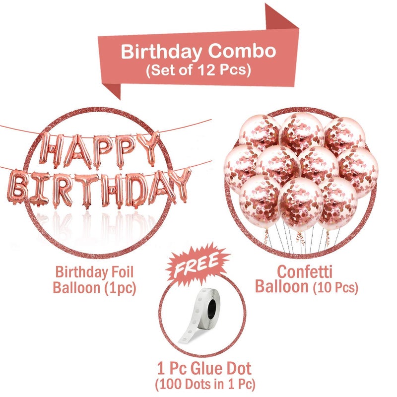 Party Propz Party Propz Rose Gold Birthday Decorations Items 12Pcs Happy Bday Confetti Balloons Glue Dot Rose Gold Foil Balloon For CelebrationBalloon Item Kit Combo - Image 2