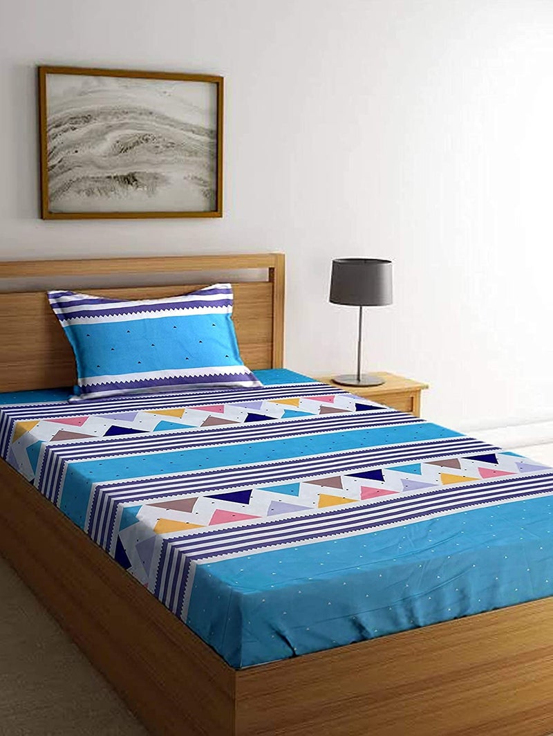 TIB 130 GSM Cotton Feel Polycotton Elastic Fitted Single Size Bedsheet with 1 Pillow Covers -Blue 130 TC | Best Suitable for Best Suitable for 36X72 inch - Image 1