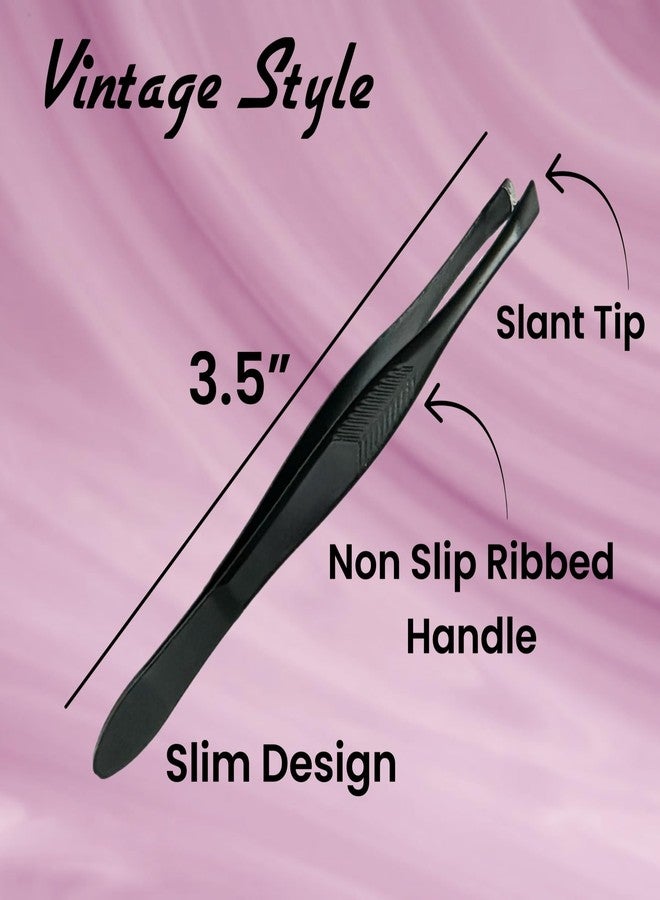 ALAZCO 3 Vintage Style Slant Tip Ribbed Professional Stainless Steel Tweezers for Eyebrows Premium Precision for Facial Hair Splinter Ingrown Hair Removal (Black) - Image 3