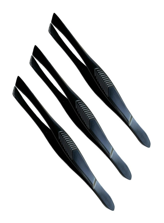 ALAZCO 3 Vintage Style Slant Tip Ribbed Professional Stainless Steel Tweezers for Eyebrows Premium Precision for Facial Hair Splinter Ingrown Hair Removal (Black) - Image 1