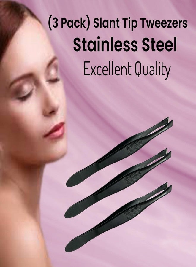 ALAZCO 3 Vintage Style Slant Tip Ribbed Professional Stainless Steel Tweezers for Eyebrows Premium Precision for Facial Hair Splinter Ingrown Hair Removal (Black) - Image 2
