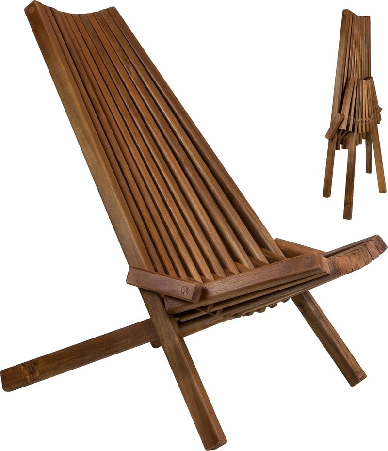 CleverMade Tamarack Folding Wooden Outdoor Chair Stylish Low Profile Acacia Wood Lounge Chair for the Patio Porch Lawn Garden or Home Furniture  Cinnamon - Image 1