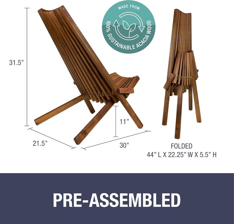 CleverMade Tamarack Folding Wooden Outdoor Chair Stylish Low Profile Acacia Wood Lounge Chair for the Patio Porch Lawn Garden or Home Furniture  Cinnamon - Image 3