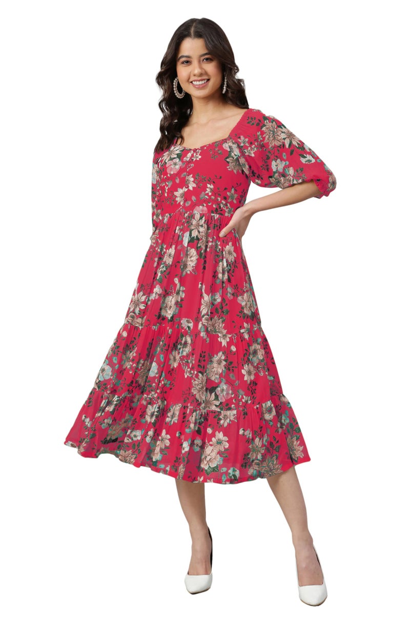 Janasya Women's Pink Georgette Floral Printed Tiered Dress (JAC24DR01630-XL) - Image 1