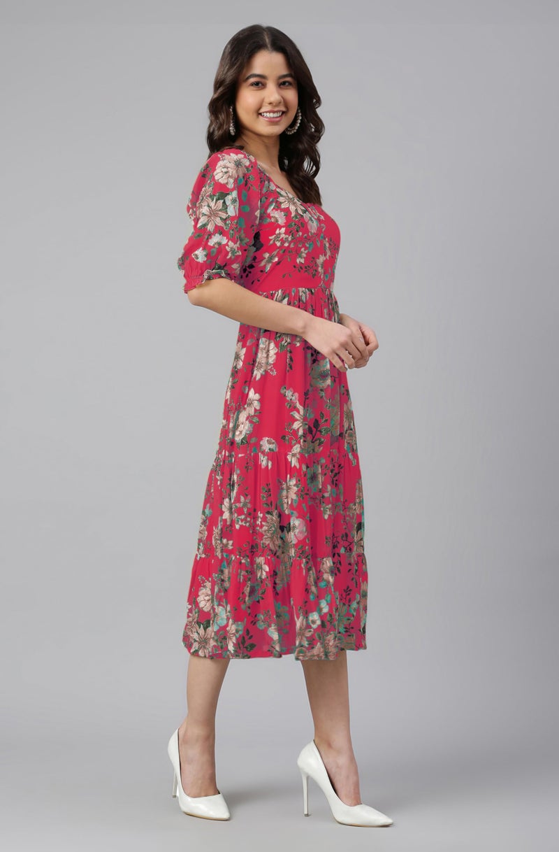 Janasya Women's Pink Georgette Floral Printed Tiered Dress (JAC24DR01630-XL) - Image 4