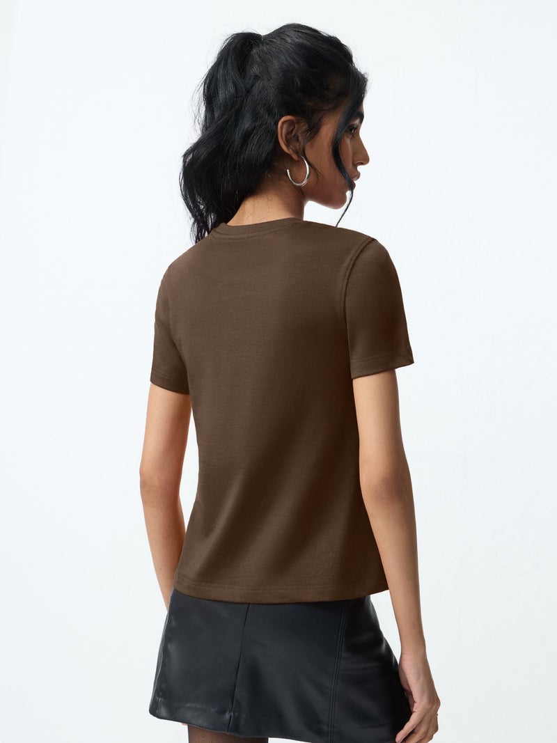 The Souled Store Casual Classics: Women and Girls Short Sleeves Round Neck Dark Brown Solid Cotton Regular Fit Breathable Lightweight Everyday Streetwear T-Shirt - Image 4