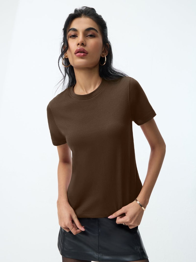 The Souled Store Casual Classics: Women and Girls Short Sleeves Round Neck Dark Brown Solid Cotton Regular Fit Breathable Lightweight Everyday Streetwear T-Shirt - Image 1