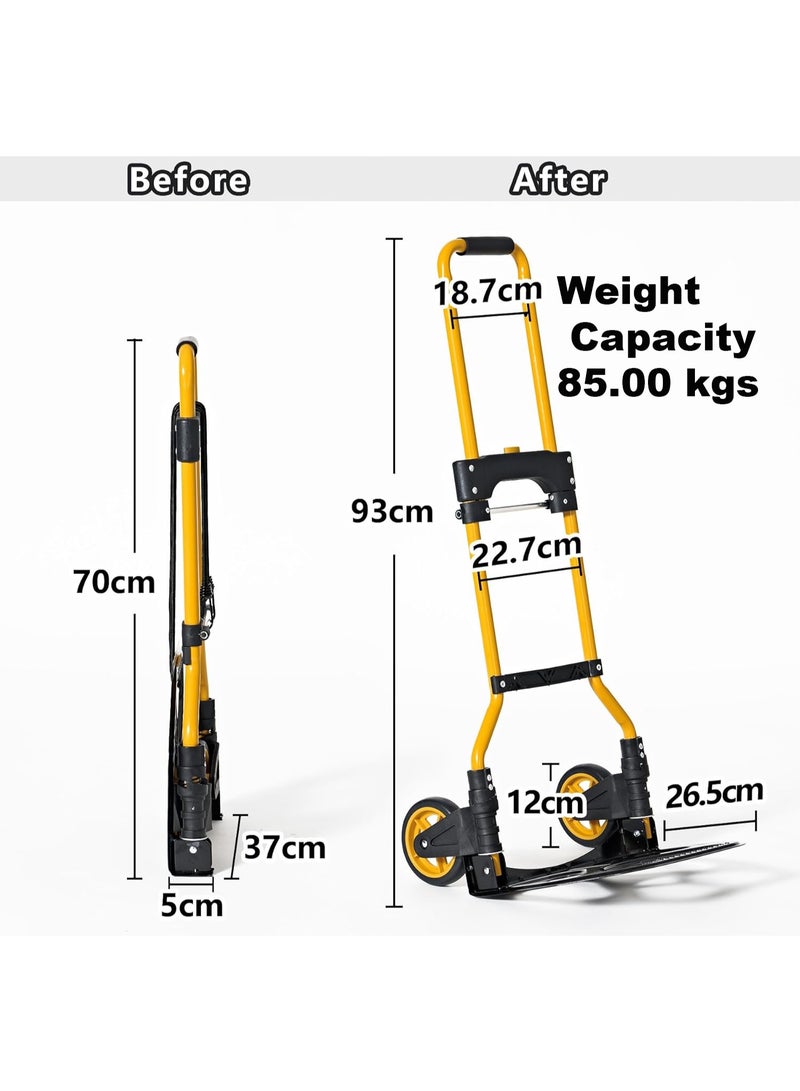 Heavy-Duty Folding Hand Cart – 85 kg Capacity Trolley – Aluminium Alloy Frame with Telescopic Rubber Handle – Portable Utility Cart for Office, Warehouse, Home, Shopping – Yellow  - Image 2