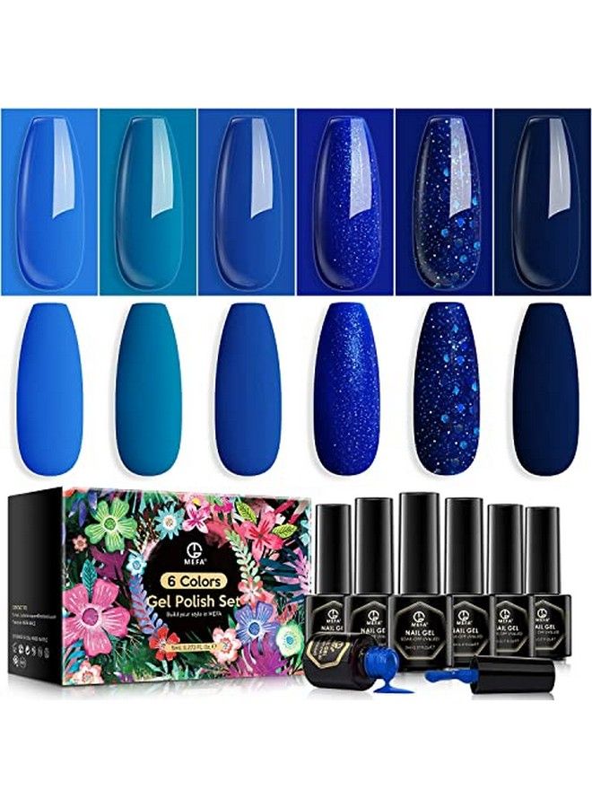 MEFA Blue Gel Nail Polish Set Midnight Navy Sapphire Azure Glitter Dark Shades 6 Colors Starter Kit Soak Off Long Lasting Nail Art Design Diy Salon Manicure Holiday Gift For Women Girls 5Ml - Image 1