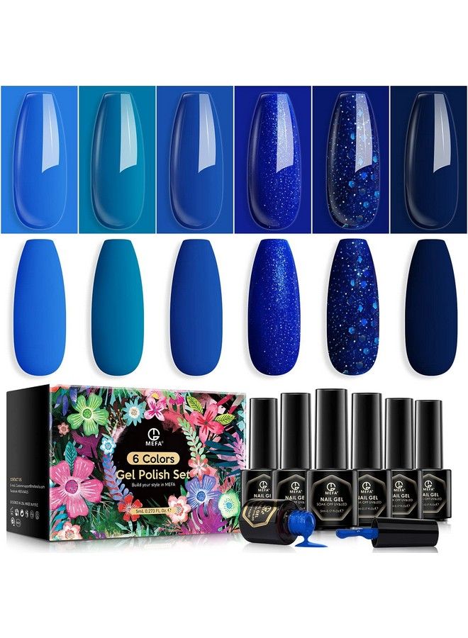 MEFA Blue Gel Nail Polish Set Midnight Navy Sapphire Azure Glitter Dark Shades 6 Colors Starter Kit Soak Off Long Lasting Nail Art Design Diy Salon Manicure Holiday Gift For Women Girls 5Ml - Image 2